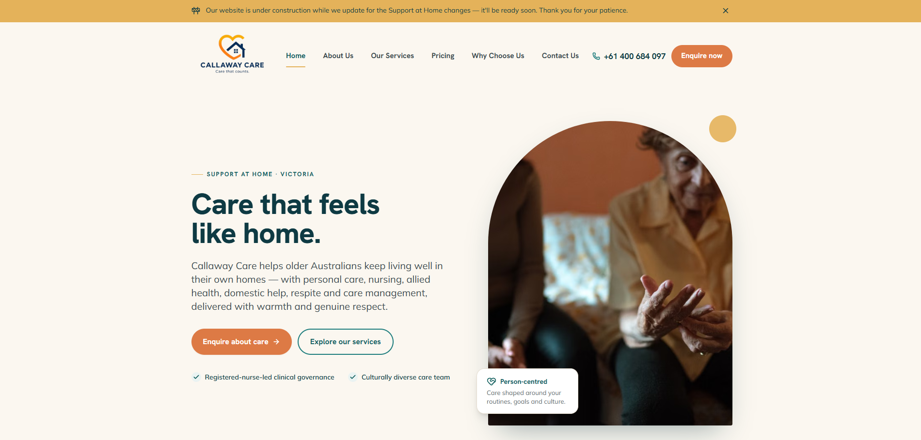 Callaway Care website — support at home services for older Australians