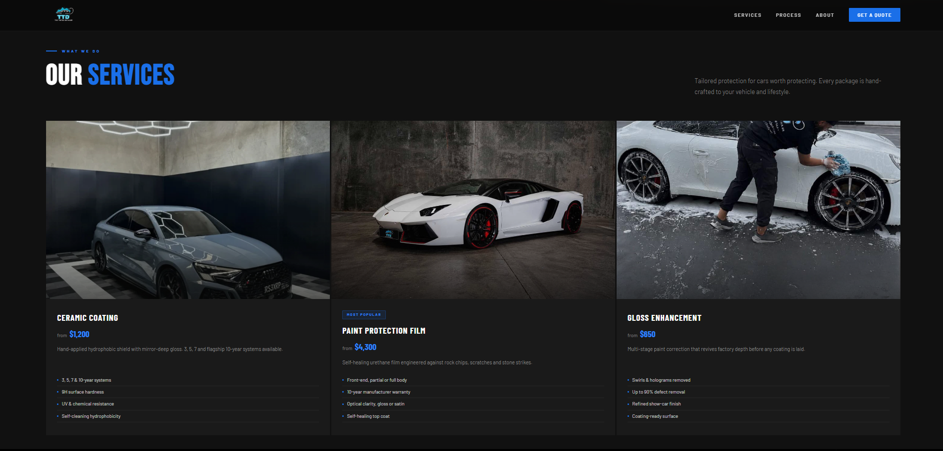 The Tinted Detailer website — ceramic coating and paint protection services